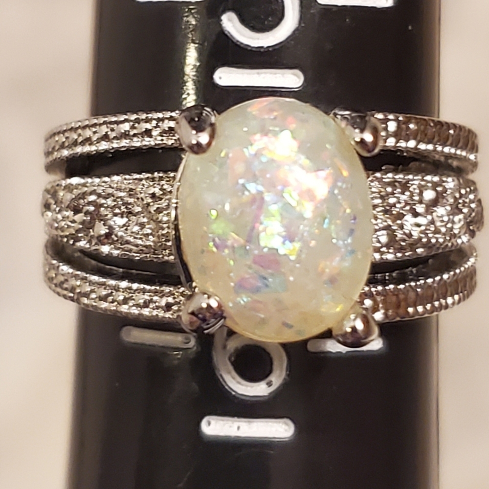 White Fire Opal Silver Ring Size 5.5